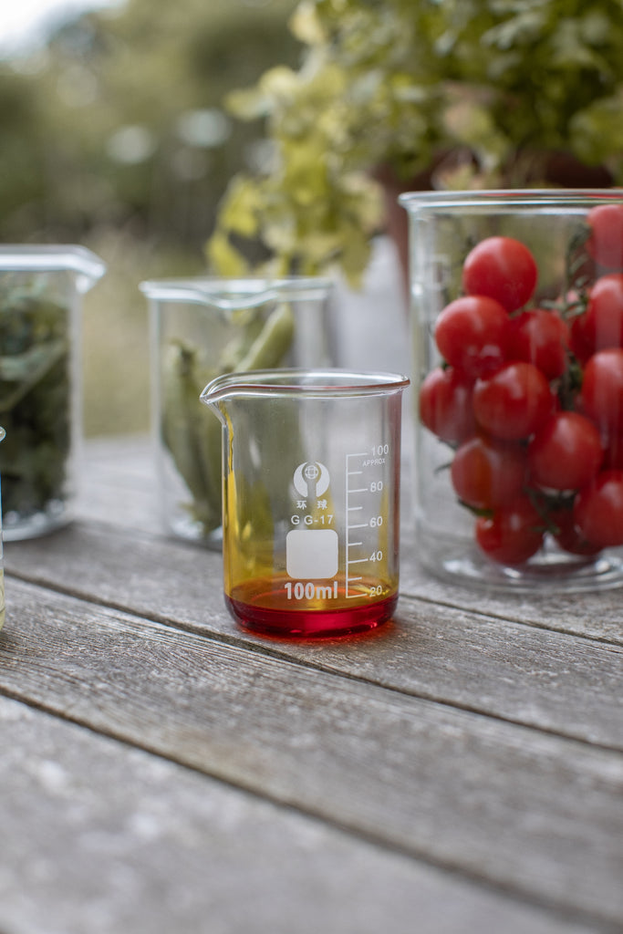 On a wooden garden slatteded table there is a lab beaker containing a deep orange oil, with other beakers around filled with Kale and tomatoes