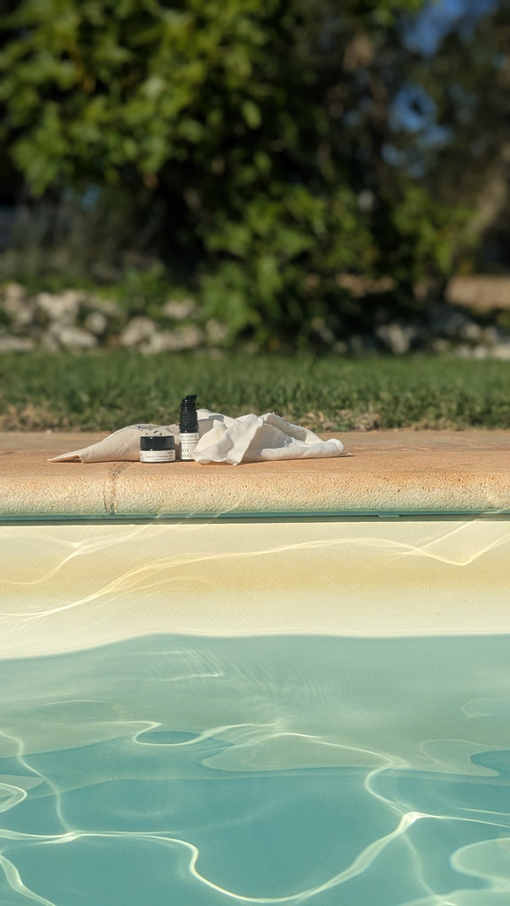 Mini Mū Signature Ritual by the pool – skincare for summer travel and midlife skin balance.