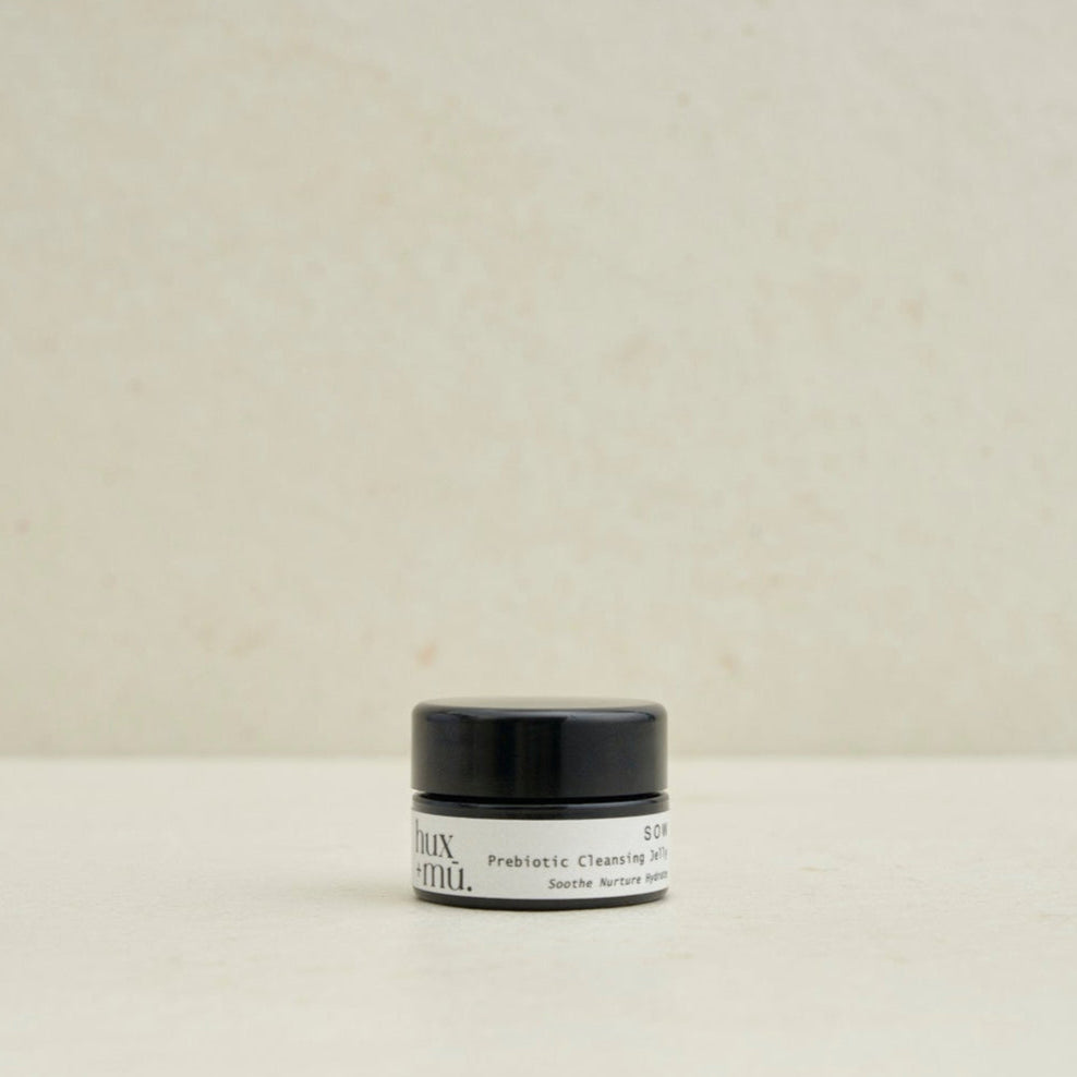 10ml pot of hux and mu sow prebiotic cleansing jelly in neutral setting