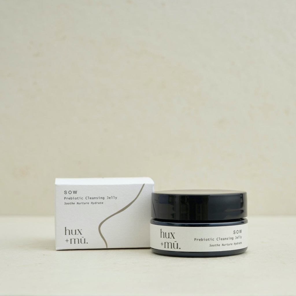 50 ml pot of hux and mu sow prebiotic cleansing jelly in neutral setting